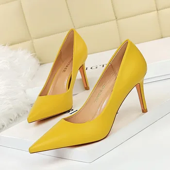 BIGTREE Sexy Puse Sieviešu Sūkņi Augstiem Papēžiem 7.5 cm augstpapēžu kurpes Pliks Sarkanā, Zilā, Melnā, Dzeltenā Smailu Purngalu Sieviešu Kurpes Liela Izmēra 2020 Jaunas
