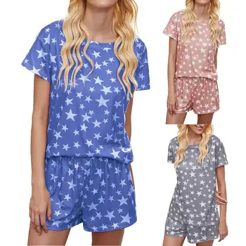BB 2GAB Sievietes Zvaigžņu Drukāt Pidžamas, Īsām Piedurknēm ar Apaļu Kakla T-krekls Elastīgās Jostas Šorti Iestatīt Ikdienas Stila Nightclothes