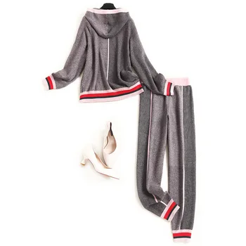 Adīta Asimetriska Tracksuit Uzstādīt Sieviešu Rudens Ziemas Kapuces Džemperis + Elastīgs Viduklis, Potītes Garuma Bikses Ikdienas Tērps Sievietēm