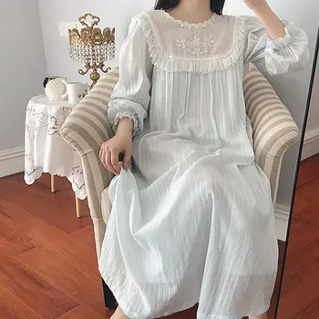 Pavasara Kokvilnas Mežģīnes, Mežģīņu Naktskrekls Apaļu Kakla Dāmas Garās Kleitas Baltā Miega Kleita Sievietēm Sleepwear Long Sleeve Sexy Sleepwear
