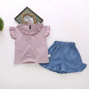 (24M-ź5 y) Meitenes tīrtoņa krāsu mežģīnes polka dot peld piedurknēm top + tīrtoņa krāsas džinsa bikses, divas-gabals vasaras baby girl apģērbu S4