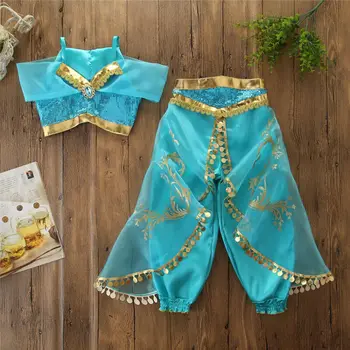 Bērniem, Baby Meiteņu Drēbes, Uzstādīt 2019 Indijas Stila Toddler Princese Vasaras Īsām Piedurknēm, Zilā T-krekls Topi, Vestes Bikses Apģērbs Apģērbs