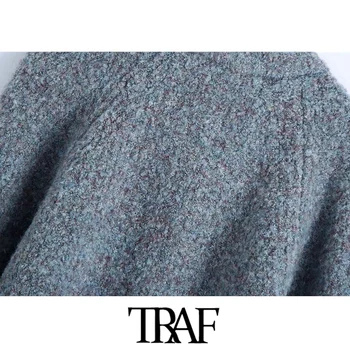 TRAF Sieviešu Modes Poga-up Apgriezts Trikotāžas Jaka Džemperi Vintage O Apkakli, garām Piedurknēm Virsdrēbes Šiks Topi