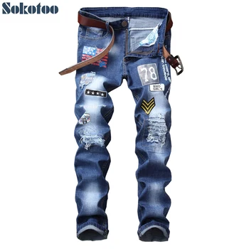 Sokotoo Vīriešu Amerikāņu karogu plāksteri dizainu zilā džinsa džinsi Caurumi ripped problemātisko slim taisnas bikses