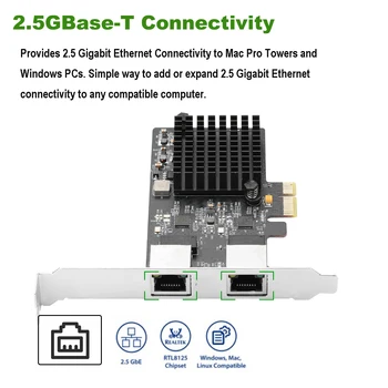 IOCREST 2.5 GBase-T Gigabit Tīkla Adapteris ar 2 Portiem 2500Mbps PCIe 2.5 gb Ethernet tīkla Karte RJ45 LAN Kontrolieris Karti