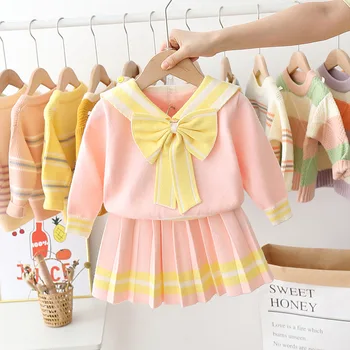 HYLKIDHUOSE 2020 Rudens Ziemas Baby Meiteņu Apģērbu Komplekti Priekšgala mezgls Adīti Džemperi, Svārki Bērnu Ikdienas Apģērbs Bērniem Apģērbs