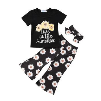 Modes Toddler Meiteņu Drēbes, Uzstādīt Vasaras Īsām Piedurknēm Bērniem Saulespuķu Topi, T-krekls, Bikses Meitene Apģērbs Kokvilnas Galvu Tērpiem