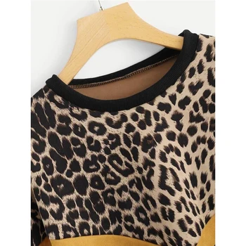 Parīzes Meitene Leopard Panelis Kritums Plecu Sporta Krekls Ar Garām Piedurknēm O-Veida Kakla Džemperi, Topi Modes Rudenī Sieviešu Ikdienas Krekli