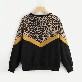 Parīzes Meitene Leopard Panelis Kritums Plecu Sporta Krekls Ar Garām Piedurknēm O-Veida Kakla Džemperi, Topi Modes Rudenī Sieviešu Ikdienas Krekli
