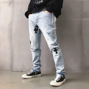 2021Men Džinsi Streetwear Modes Izšūtu cross Ripped Džinsi Slim Bikses Harajuku Hip hop Gotikas