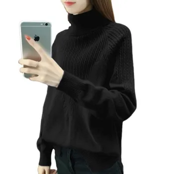 Rudenī un ziemā, augstu uzrullētu apkakli džemperis sievietēm eleganto tīra krāsa black beauty adītas vilnas džemperi biezs, silts ar garām piedurknēm 2020Spr