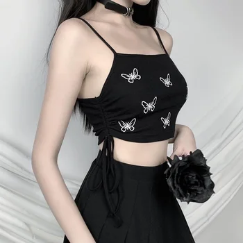 Gothblack Sexy Slim Adīšanas Camis Gothic Sieviešu Tauriņš Drukāšanas Mežģīnes Up Crop Topi, Sieviešu 2020. Gada Vasarā Jaunu Streetwear Īss Augšu