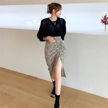 HziriP OLA Elegantu Augstu Vidukļa Sadalīt Vintage Modes Leoparda Svārki Jauno Rudens Pavasara Darbu Valkāt Sexy Paketi Hip Svārki, Sieviešu