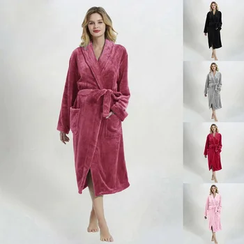 Sexy Sleepwear Drēbes Sievietēm, Ilgi Nightdress Silts Coral Fleece Therm Peldmētelis Ziemas Biezs Flaneļa Kimono, Halāti Dāma