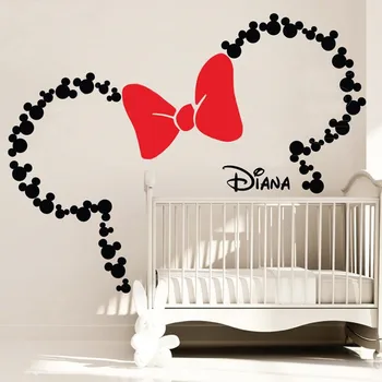Disney Minnie Peles ausis ar Loku & Custom babay nosaukums Mickey Mouse sienas uzlīmēm Bērnistabai Bērnu Istabas aksesuāri Dekori