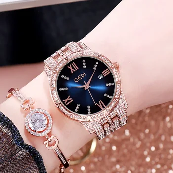 GEDI Karstā Pārdošanas Zilā Dimanta Pulksteņi Kristāla Modes Romiešu Cipariem Kalendārā Kleitu Skatīties uz Sievietēm Ūdensizturīgs Dāvanu reloj mujer