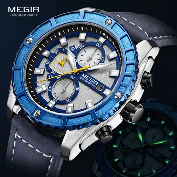 MEGIR Vīriešu Ikdienas Ādas Siksniņa Kvarca Pulksteņi Modes 2021 Chronograph Watch Cilvēkam Militārās Sporta Luminouss rokas Pulkstenis Reloj
