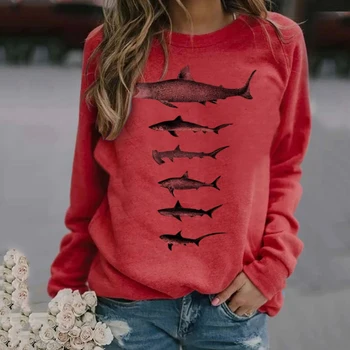 Sieviešu Rudens Ikdienas Blūze Brīvs Džemperis Blūze ar garām Piedurknēm Haizivs Drukāt sporta Krekls Plus Izmērs 3XL Silts Apģērbs sievietēm