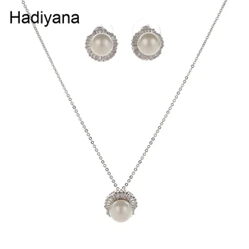 Hadiyana Classic Pērle Apaļa Juvelierizstrādājumu Komplekts Spīdīgu Kubiskā Cirkonija Sieviešu Kaklarota & Auskari 2 Gabals Kāzu Rotaslietas Komplekti TZ5017