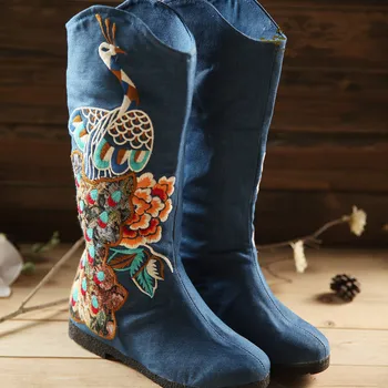Ziemas, pavasara, rudens multi-purpose etniskā ziedu izšūti vintage modes zābaki sieviešu slip-on ceļgalu augstumam, kokvilnas apavi