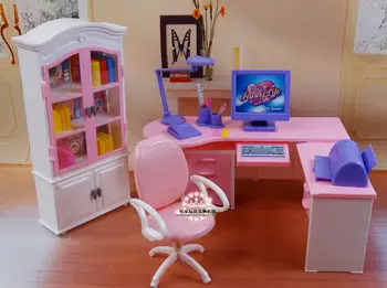 1/6 lelle piederumi Biroja datora galds + grāmatu plaukts Meitene dzimšanas dienas dāvanu plastmasas Spēlēt Uzstādīt lelle barbie Mēbeles