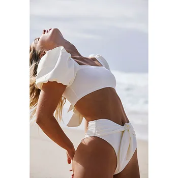 Ir 2021. Jaunu Augsto Vidukli Bikini Komplekts Baltā Krāsā Strappy Peldkostīmi Sieviešu Push Up Piedurknes Apsēju, Peldkostīms Cietā Peldkostīms Pludmalē Valkāt