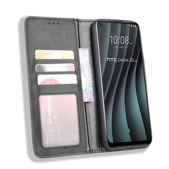 Luksusa Retro Slim Magnētisko Āda Flip Cover For HTC Desire 20 Pro Gadījumā Grāmatu Seifs Kartes Stāvēt Mīksto Segumu Mobilo Tālruni, Somas