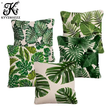 Tropu augu palmu lapu modeli, dizaina spilvena segums, 45x45cm veļa iespiešanas procesā, art deco spilvena, lai dzīvojamā istaba dīvāns