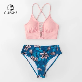 CUPSHE Sarkano Un Zilo Ziedu Vidū-vidukļa Bikini Komplekti, Seksīgas Mežģīnes Up Tvertne Peldkostīms Sievietēm Divi Gabali Peldkostīmi Ir 2021. Pludmales Peldvietu Uzvalki