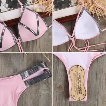 Vasarā Rozā Zelta Brazīlijas Bikini Komplekts Pludmali, Valkāt Sexy Push Up Pārsējs Peldkostīms Sievietēm Izgriezt Plus Lieluma Peldbikses peldkostīms JAUNS