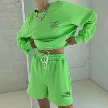 Streetwear Neona Zaudēt Tracksuit Sievietēm Vēstuli Iespiestas Divas Gabals, kas Rudens sporta Krekls un Šorti Treniņu Apģērbu 2020