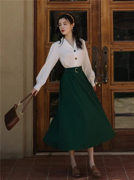 Mūsdienu Vintage Stila Tērpiem Biroja Dāma, Elegants Ar Garām Piedurknēm Baltā Blūze Sieviešu Topi Un Zaļš Maxi Svārki Ar Jostu Sievietēm Komplekts