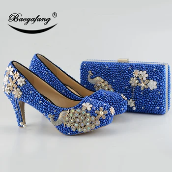 Jaunas ielidošanas Pāvs Royal Blue pearl dimantu kurpes sieviešu Puses/Kāzu Sūkņi Augstas kurpes Modes rhinestone Līgava kurpes sievietēm