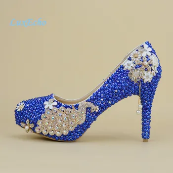 Jaunas ielidošanas Pāvs Royal Blue pearl dimantu kurpes sieviešu Puses/Kāzu Sūkņi Augstas kurpes Modes rhinestone Līgava kurpes sievietēm