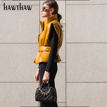 Hawthaw Sieviešu Modes Rudens Ziemas Modes Ādas Josta Biezas Sieviešu Veste Kokvilnas Polsterētām Mētelis Jackaet 2020. Gadam Drēbes Streetwear