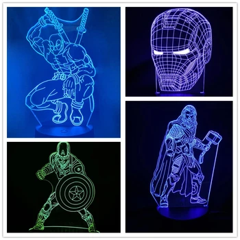 Brīnums Avengers 3D Lampas Captain America Thor Dzelzs Vīrs Rīcības Attēls LED Nakts apgaismojums 7 Krāsu Maiņa Lampas Bērniem Ziemassvētku Dāvanas