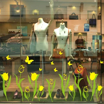 Dzeltenas Tulpes Logu Uzlīmes, PVC Materiāls, Tauriņi, Ziedi DIY Sienas Uzlīmes Dzīvojamā Istaba Veikals Stikls Logu noformēšana