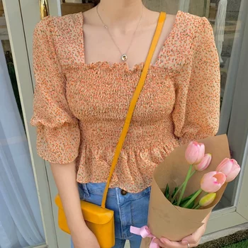 2020. gada Vasaras blūze sievietēm Laukumā Apkakles punkti Blūzes vintage korejas sieviešu Topi laternu šifona piedurknēm krekls blusas mujer de moda