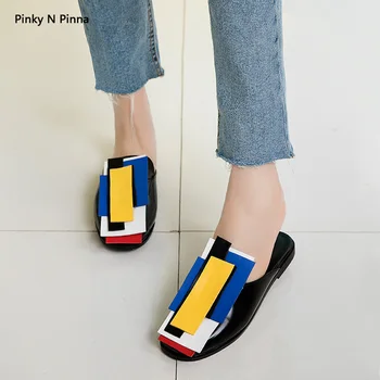 2019 jaunā sieviešu slaidi pop art dizainers krāsu sajauc vasaras luksusa mūļu lakādas pārsegs kājām čības dzīvoklis modes kurpes