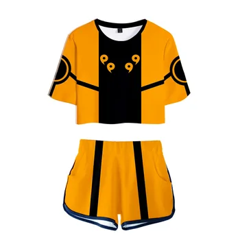 2019 Janpan 3D Drukas Multfilmu Naruto Cosplay Divas Gabals, kas Jauns Koledžas Sieviešu Sexy Nabas T-Krekls + Bikses, Uzvalks