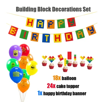 Ēkas Ķieģeļu Tēmu Puse Rotājumi Happy Birthday Banner Stērste Celtniecības Bloki Kūka Topper Bērniem Pirmās Dzimšanas Dienas Piedāvājumu