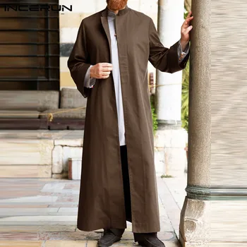 INCERUN Vīriešiem Cietā Musulmaņu Ilgi, Topi Vintage Rudens garām Piedurknēm Stāv Apkakle Abaya Jubba Cilvēks uz Pogas Islāma Apģērba 5XL7