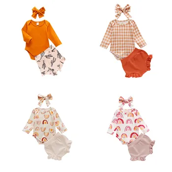 Rudens Jaundzimušais Meitenes Apģērbu Komplekts Ziedu Romper Jumpsuit Topi Ruffles Šorti Galvu Apģērbs, Apģērbu Komplekts 0-18M