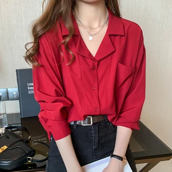 Sarkana Šifona Hong Kong Stila Office Dāmu Krekli, Sieviešu Rudens Krekls ar garām Piedurknēm Ir 2021. Profesionālās Uzvalks Apkakles OLA Brīvs Krekls 10692