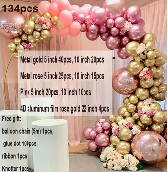 134pcs Baby Dušas Chrome Zelta Roze 4D par Pastelis Rozā Baloni Vainags Arku Komplekts Dzimšanas dienu, Kāzu Dekori