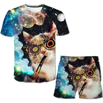 Jaunas Vasaras dzīvniekiem karstā pārdošanas Zēniem, Bērniem Drēbes kaķis Drukāt Īsām Piedurknēm T-krekls + Šorti 2 Gabals, kas Zēnu un Meiteņu Apģērbu Komplekti