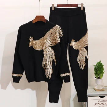 Pavasara Rudens Sieviešu Džemperis Modes Phoenix Fāzēm, Ar Garām Piedurknēm Mīksti Adīts Džemperis Ikdienas Garās Bikses Tracksuit Divas Gabals, Kas