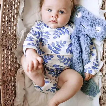 Jaundzimušais Zēni Meitenes Romper Zīdaiņu Apģērbs Cute Zils lapas Drukas garām Piedurknēm Jumpsuit drēbes Toddler Apģērbu Tērpiem