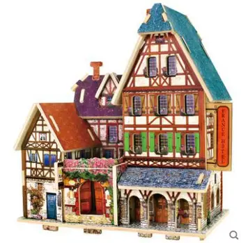 Jaunas Ielidošanas 3D Puzles Koka Māja, Francija Hostel Hotel Ēkā, Izglītības Rotaļlietas, Ziemassvētku Mazulis ir Klāt Jaunā Gada Dāvanu