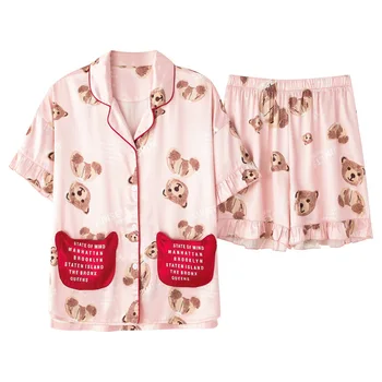 Satīna Karikatūra Izdrukāt Cute Pidžamas Sieviešu Sleepwear Vasaras Bikses Jaukas Pidžamas Jauki Pyjama Komplekti Femme Homewear Pidžamas